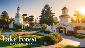 Welcoming sign and architecture at the entrance to Lake Forest, California, with a beautiful sunset backdrop, symbolizing the charm and inviting atmosphere of this Orange County city.