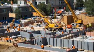 Active construction site in Lakewood, Colorado, featuring cranes and workers in orange safety vests building concrete structures for a modern development.