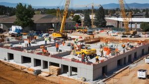 Residential construction project in Lakewood, Colorado, with cranes, workers, and multi-unit housing foundations under construction against a scenic backdrop.