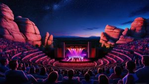 Stunning view of Red Rocks Amphitheater near Lakewood, Colorado, illuminated at night with a vibrant concert crowd enjoying live music.