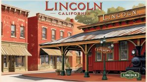 Charming historic downtown Lincoln, California featuring vintage brick buildings, a classic red train depot, and signage reflecting the town's heritage.