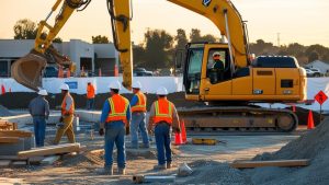 A team of construction workers in reflective vests and helmets working alongside an excavator at a development site during sunset in Lincoln, California.