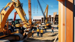 A large-scale construction project in Lodi, California, with cranes, excavators, and workers collaborating to complete the site.