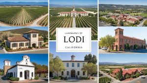 Collage of famous landmarks in Lodi, California, showcasing historic buildings, wineries, and scenic vineyard views.