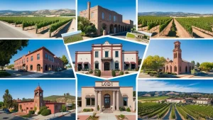 Collage of architectural and scenic highlights in Lodi, California, including historic buildings, lush vineyards, and city hall.