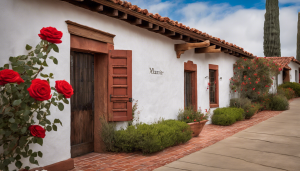 Charming historic building in Martinez, California, adorned with bright red roses and a rustic architectural style under a partly cloudy sky.