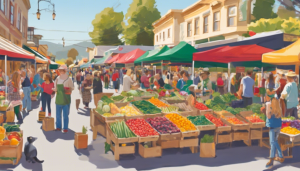 Vibrant farmers market in downtown Martinez, California, with colorful produce, tents, and shoppers enjoying a sunny day.