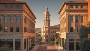 Sunlit plaza in Milpitas, California, framed by neoclassical buildings leading to a domed municipal structure, reflecting civic governance and the architectural impact of bonded infrastructure projects.