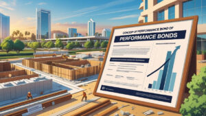 Urban construction site in Milpitas, California, with modern buildings in the background and a large performance bond presentation board in the foreground detailing financial safeguards and project compliance.