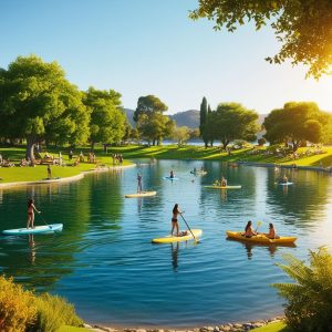 an image of a picturesque lake surrounded by lush greenery, with people paddleboarding, kayaking, and picnicking under the clear blue skies in Mission Viejo, CA.