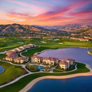 an image showcasing Mission Viejo, CA's picturesque landscape with rolling hills, a pristine lake, and upscale residential neighborhoods. Include a vibrant sunset casting warm hues over the city.