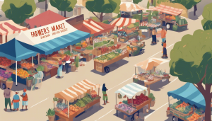 Colorful farmers' market in Monrovia, California, with vendors selling fresh produce and flowers under striped tents on a sunny day.