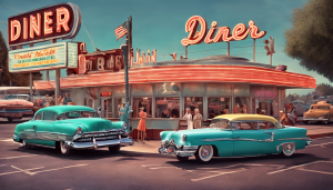 Retro-style diner in Montclair, California, with vintage cars parked outside and people enjoying a classic American dining experience.