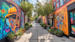 Vivid street art alley in Montclair, California, featuring colorful murals, greenery, and a sunny walkway creating a vibrant urban atmosphere.