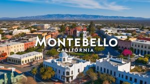 Scenic view of Montebello, California’s historic architecture, set against a backdrop of mountains and vibrant urban development, reflecting the city’s growth and need for reliable bonding solutions.