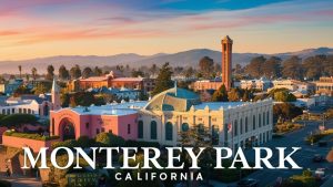 Aerial view of Monterey Park, California, featuring historic buildings, a picturesque skyline, and vibrant community spaces during sunset.