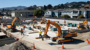 Construction site in Monterey Park, California, with workers and heavy equipment actively building a residential project in a suburban neighborhood.