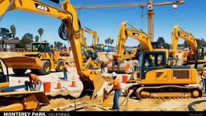 Active construction site in Monterey Park, California, showcasing cranes, bulldozers, and construction workers collaborating on a large-scale development.