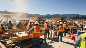 Group of construction workers in Mountain View, California, collaborating on a project, underscoring how performance bonds fund performance and ensure project completion.