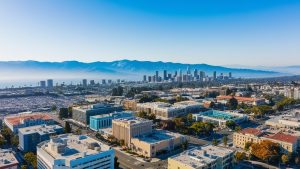 Aerial view of Mountain View, California's urban landscape, where performance bonds support reliable construction and development projects.