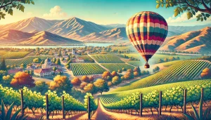 an image for a blog post about Murrieta, CA's top attractions. Feature a hot air balloon soaring over vineyards, with mountains in the background and a quaint town below