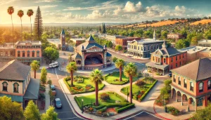 an image featuring a panoramic view of Murrieta CA, showcasing historic landmarks like the E. Hale Curran Amphitheatre, Murrieta Museum, and the Old Town Murrieta district with Victorian-style architecture.