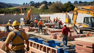 Construction workers on a Napa, California job site with heavy machinery and building materials, showcasing the demand for performance bonds to ensure project security in local construction.