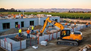 A large construction project in Napa, California with an excavator and builders working on a foundation, highlighting the importance of performance bonds for contractor credibility and client assurance.