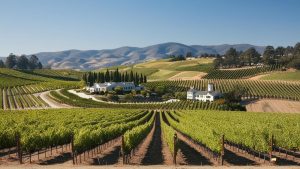 Scenic vineyard landscape in Napa, California with rows of grapevines and a winery estate, illustrating the region's picturesque environment and the diverse building projects requiring performance bonds.