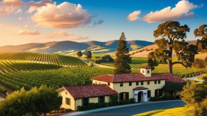 Vineyard estate in Napa, California at sunset, capturing the area's charm and the construction industry’s role in maintaining Napa's infrastructure and development.