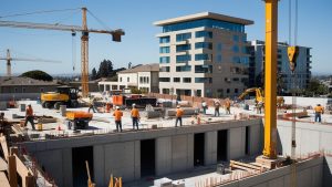 Busy construction area in National City, California, showcasing excavators, bulldozers, and workers coordinating efforts on a large infrastructure project under a clear blue sky.