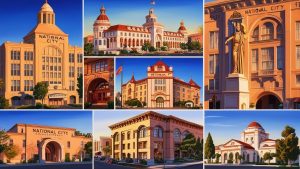 Collage of iconic buildings in National City, California, highlighting architectural landmarks and historical structures under bright, sunny skies.