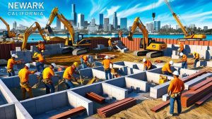 Construction site in Newark, California featuring workers in orange safety gear, heavy machinery, and a waterfront backdrop showcasing modern buildings.