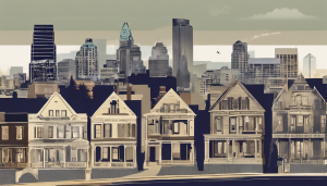 Row of classic Victorian-style houses with Newark, California's modern skyline in the background, blending historical charm with contemporary urban design.