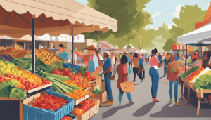 Vibrant farmer’s market scene in Newark, California, featuring colorful fresh produce, shoppers interacting with vendors, and a lively community atmosphere.