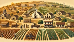 an image showcasing the evolution of Norwalk, CA from its early settlement by the Spanish missionaries to its development as a thriving agricultural community in the 20th century. Include historic landmarks like the Norwalk Square and Studebaker Mansion.