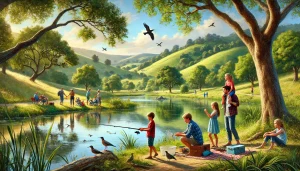 A serene outdoor scene in Novato, California, featuring a family enjoying a picnic by a tranquil pond. Children fish at the water's edge, adults birdwatch, and a couple hikes in the background, with lush rolling hills framing the setting.