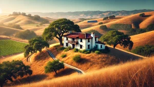 A historic Spanish-style adobe house nestled among the rolling hills of Novato, California. The house is surrounded by golden grass, green oak trees, and a vineyard, reflecting the town's connection to its past and present.