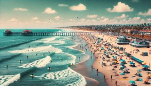 image capturing the scenic beauty of Oceanside Beaches in Oceanside, California. Enjoy the vibrant atmosphere, with rolling waves, colorful beach umbrellas, surfers in action, and the iconic pier in the background.