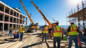 Construction site near the Pacific Ocean in Pacifica, California, featuring workers in safety vests, cranes, and scaffolding under a bright sunny sky.