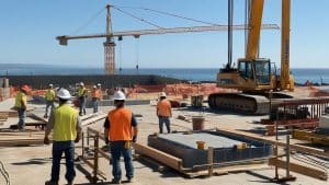 Large construction project overlooking the Pacific Ocean in Pacifica, California, with workers, cranes, and heavy machinery on-site.