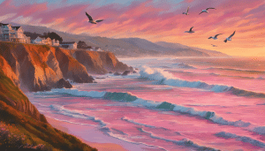 Stunning Pacifica, California coastline at sunset, with colorful cliffs, waves crashing on the shore, and seagulls flying in the sky.