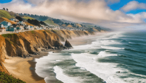 Breathtaking view of Pacifica, California's rugged cliffs and coastline, with waves rolling into the sandy beach under a partly cloudy sky.