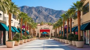 View of the iconic El Paseo shopping district in Palm Desert, California, with palm-lined walkways and mountain scenery in the background.