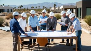 Construction team wearing hard hats reviewing blueprints outdoors in Palm Desert, California, with desert landscapes in the background.