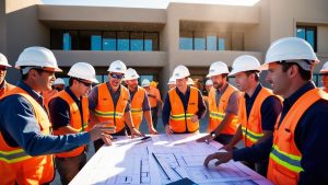 Group of construction workers in safety vests and helmets discussing project plans on-site in Palm Desert, California, in front of a modern building.