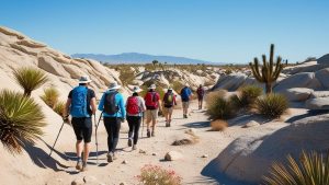 Group of hikers walking along a scenic desert trail surrounded by cacti and rock formations in Palm Desert, California.