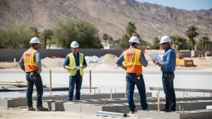 Construction workers on-site in Palm Springs, California, with desert mountains in the background, discussing plans and inspecting progress.