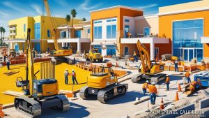 Luxury residential or commercial development under construction in Palm Springs, California, featuring heavy machinery, cranes, and workers.