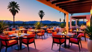 Upscale outdoor dining area in Palm Springs, California, showcasing vibrant seating, palm trees, and a scenic mountain view at sunset.